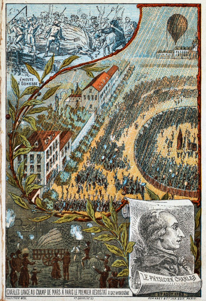 Poster showing crowds gathering to watch the ascent of the first charlière balloon. 