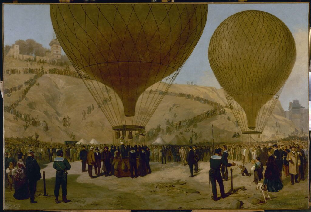 Painting of hot air balloons taking flight from the countryside outside Paris carrying people and post. 