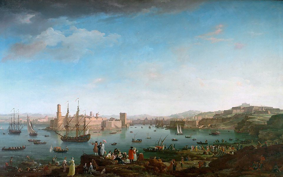 Oil painting of the port shows many small boats scattered across the water, with a few larger sail boats of various kinds in the foreground, left. To the rear, the fortifications of Marseille are visible with the coast behind them. In the foreground, groups of men and women stroll on the coast in fine clothing and some with parasols.